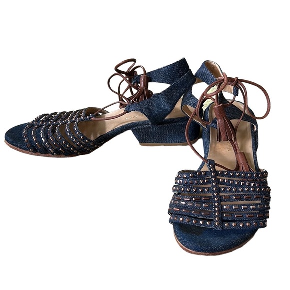 Stuart Weitzman Skippity Antique Denim Strappy Tassel Wrap Sandals 7.5 - Picture 5 of 16